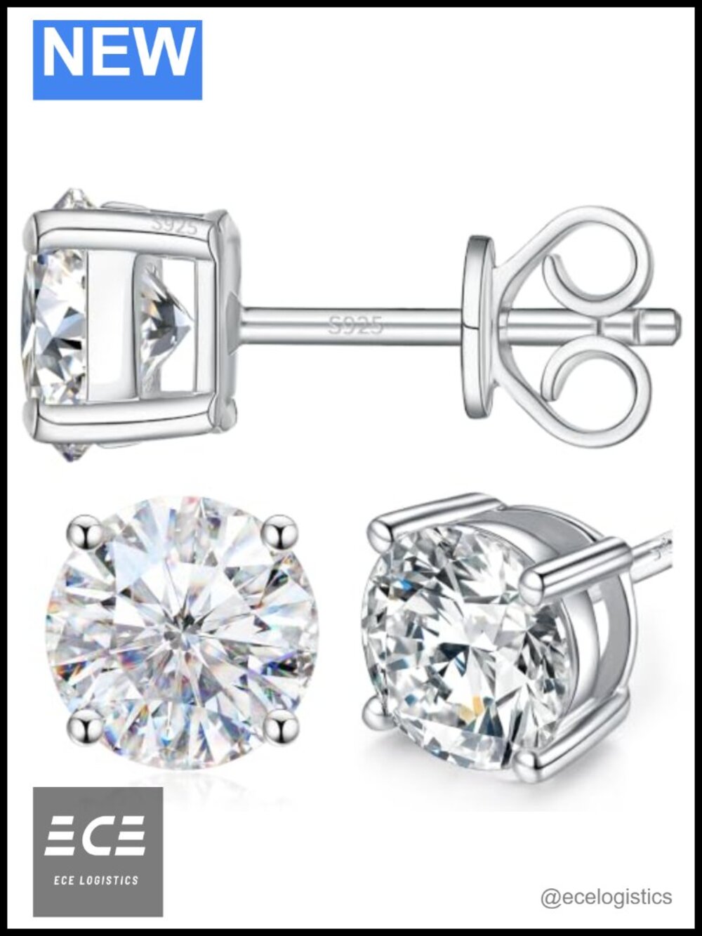 Moissanite Stud Earrings 18K White Gold Plated Solid 925 Sterling Silver